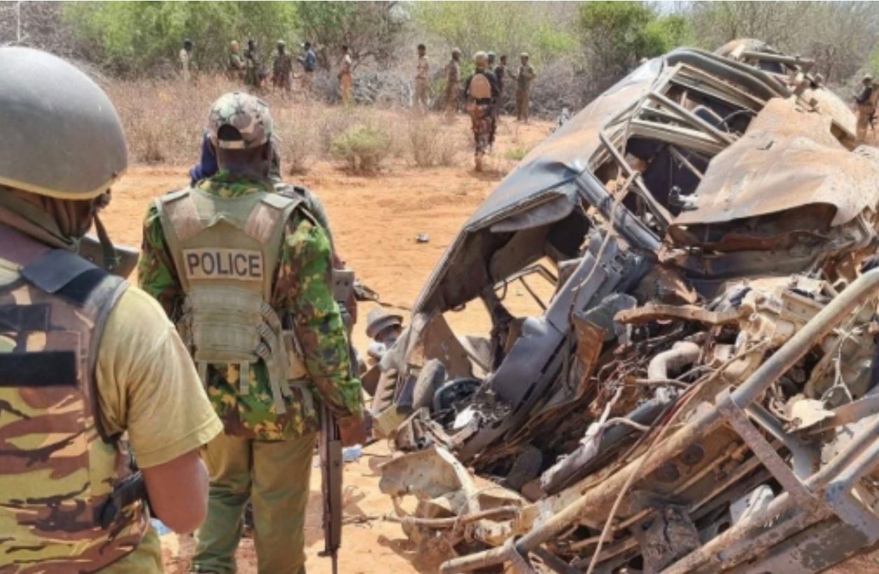 File image of a police vehicle after an IED explosion.